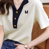 Bi-Color Button Decor Logo Embroidered T-Shirt