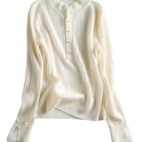 Elegant Ribbed Knit Sweater with Lace Trim