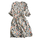 Band Collar Geometric Print Flap Decor Flare Dress with Lining