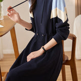 Casual Chic Contrast Panel Gathered Waist Relaxed Hooded Dress