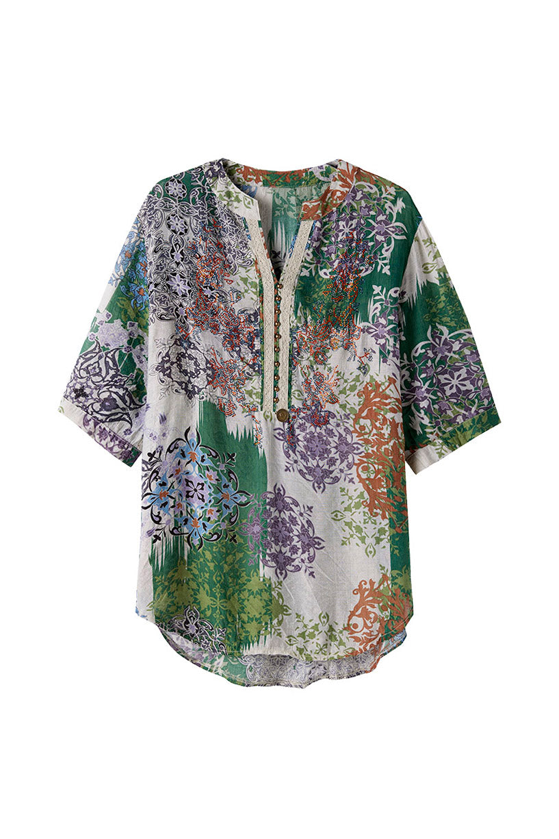 Key neck floral pattern stone line embellished tunic