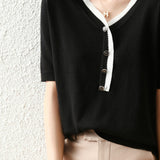 Bi-Color V-Neck Button Decor Knit Top