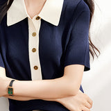 Bi-Color Simple Polo Knit Top