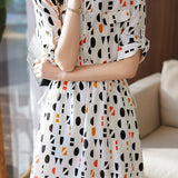 Band Collar Geometric Print Flap Decor Flare Dress with Lining