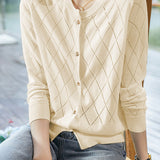 Round Neck Open Knit Check Pattern Cardigan - 3 Colors Available