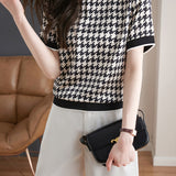 Round Neck Houndstooth Print Short Sleeve T-Shirt