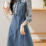 Floral Print Denim Patchwork Dress