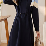 Casual Chic Contrast Panel Gathered Waist Relaxed Hooded Dress