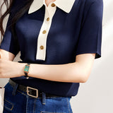 Bi-Color Simple Polo Knit Top