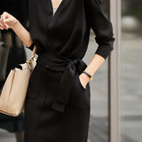 Two-Piece Set: Simple V-Neck Tied Knit Top + Side Slit Long Knit Skirt