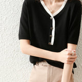 Bi-Color V-Neck Button Decor Knit Top