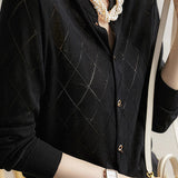 Round Neck Open Knit Check Pattern Cardigan - 3 Colors Available