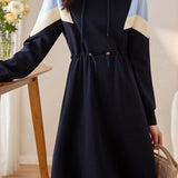 Casual Chic Contrast Panel Gathered Waist Relaxed Hooded Dress