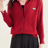 Mixed Material Shirt Collar Striped Logo Embroidered Knit Cardigan - 3 Colors Available