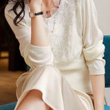 V-Neck Embroidered Lace Decor Knit Cardigan - 3 Colors Available