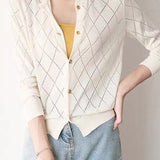 Round Neck Open Knit Check Pattern Cardigan - 3 Colors Available