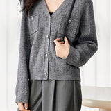 Chanel-Inspired V-Neck Rib Hem Knit Cardigan