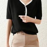 Bi-Color V-Neck Button Decor Knit Top