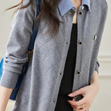 Mixed Material Shirt Collar Striped Logo Embroidered Knit Cardigan - 3 Colors Available