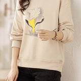 Round Neck Rib Hem 3D Floral Beaded Decor Sweatshirt