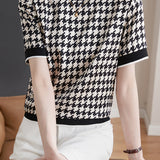 Round Neck Houndstooth Print Short Sleeve T-Shirt