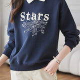 Casual Letter Embroidered Faux Layered Collar Sweatshirt