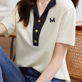 Bi-Color Button Decor Logo Embroidered T-Shirt