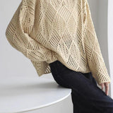 Round Neck Openwork Drop Shoulder Knit - 2 Colors Available