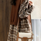 Vintage set: Brushed plaid shirt + Solid color knitted vest.