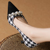 Elegant Houndstooth Pearl High Heels