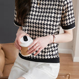 Round Neck Houndstooth Print Short Sleeve T-Shirt