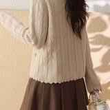 Ruffled Collar Embroidered Lace Decor Knit Cardigan