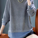 Casual Faux Two-Piece Crew Neck Knit Sweater