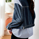 Casual Two-Piece Set: Denim Patchwork Striped Shirt + Denim Vest