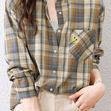 Applique Decor Check Pattern Casual Shirt