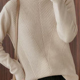 Half-High Neck Diagonal Ribbed Knit Top