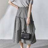 Asymmetrical Contrast Ruffle Decor Long Check Skirt