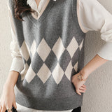 Casual V-Neck Diamond Pattern Knit Vest - 3 Colors Available