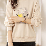 Round Neck Rib Hem 3D Floral Beaded Decor Sweatshirt