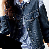 Casual Two-Piece Set: Denim Patchwork Striped Shirt + Denim Vest