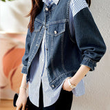 Casual Two-Piece Set: Denim Patchwork Striped Shirt + Denim Vest