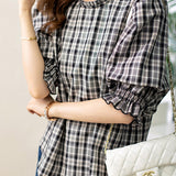 Ruffle Decor Round Neck Check Blouse