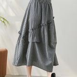 Asymmetrical Contrast Ruffle Decor Long Check Skirt