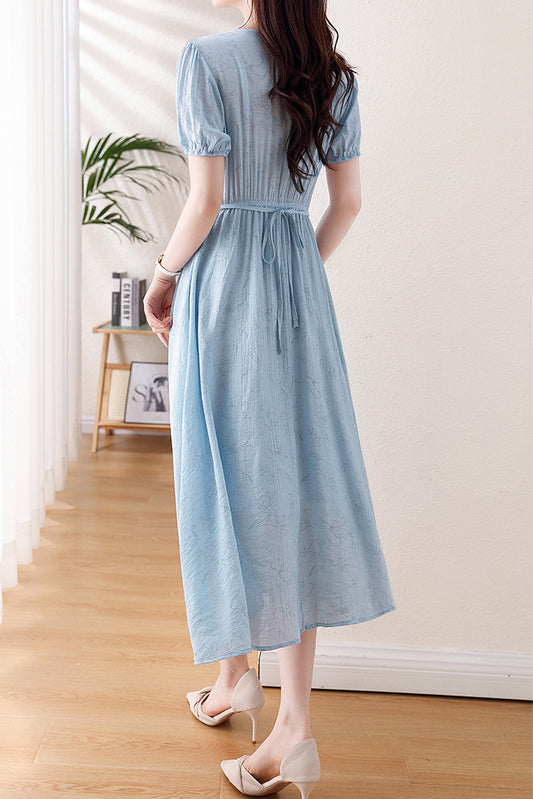 V-neck opal flare gathered dress with lining