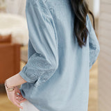 Skipper Collar Covered Button Embroidered Blouse