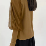 Sheer Patchwork Lantern Sleeve Fitted Knit Base Layer