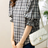 Ruffle Decor Round Neck Check Blouse