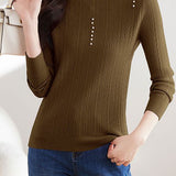 Pearl-Embellished Mock Neck Knit Sweater