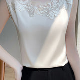 Round Neck Embroidered Lace Contrast Satin Vest - 3 Colors Available