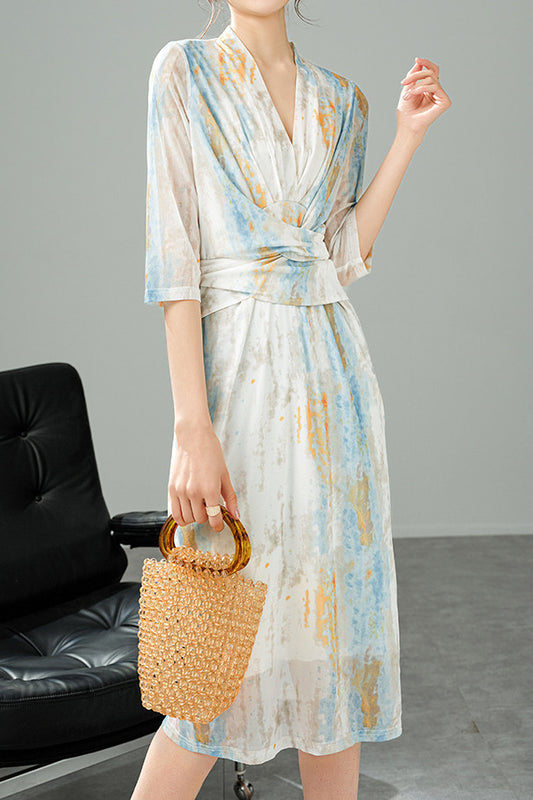 V-neck colorful ink print long dress with lining
